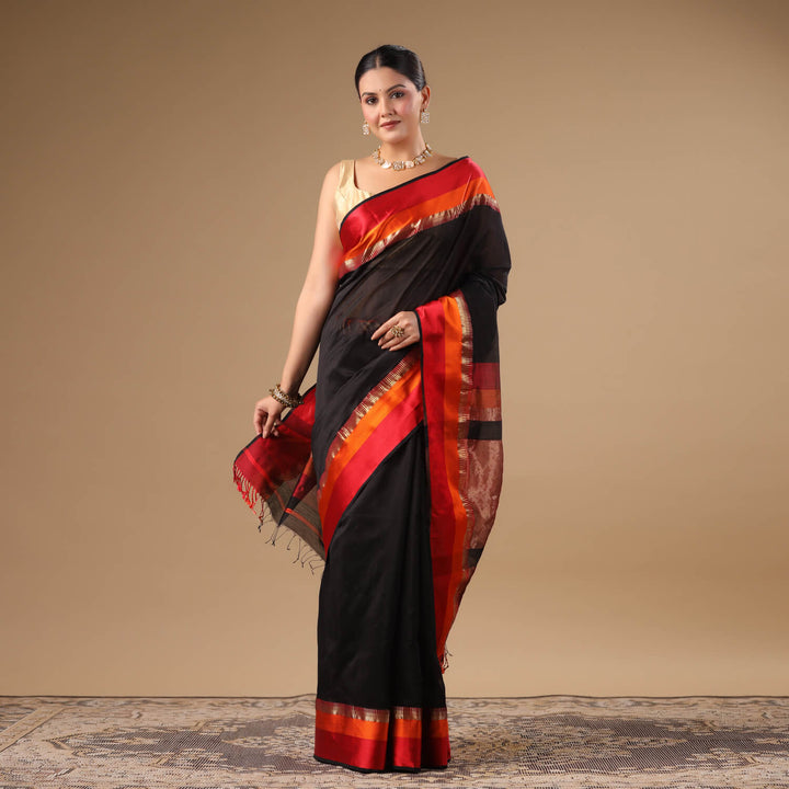 Chandrika - Black Pure Silk Cotton Maheshwari Saree