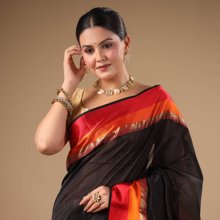 Chandrika - Black Pure Silk Cotton Maheshwari Saree