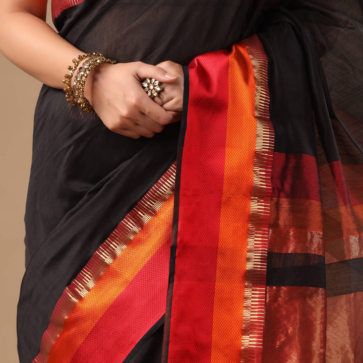 Chandrika - Black Pure Silk Cotton Maheshwari Saree