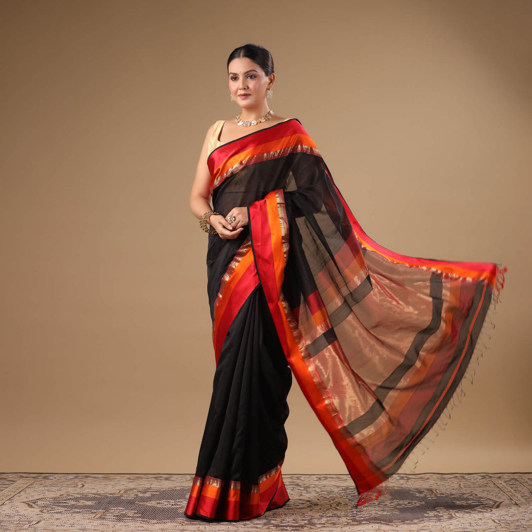 Chandrika - Black Pure Silk Cotton Maheshwari Saree