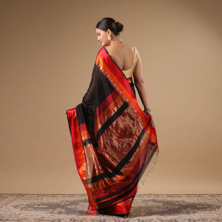 Chandrika - Black Pure Silk Cotton Maheshwari Saree