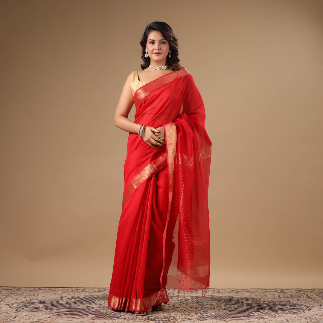 Lakshmi - Red Pure Silk Cotton Maheshwari Saree