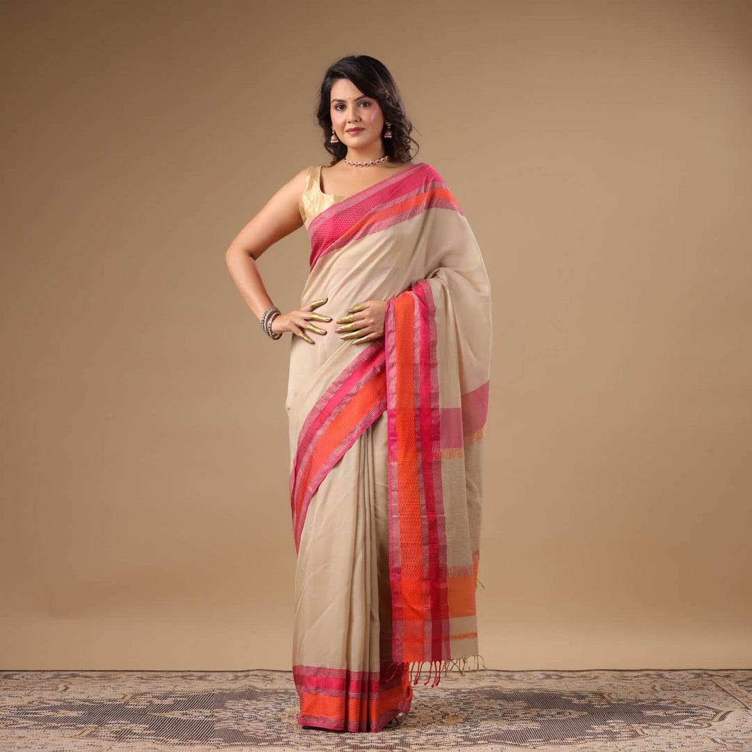 Ahilya - Off White Pure Silk Cotton Maheshwari Saree