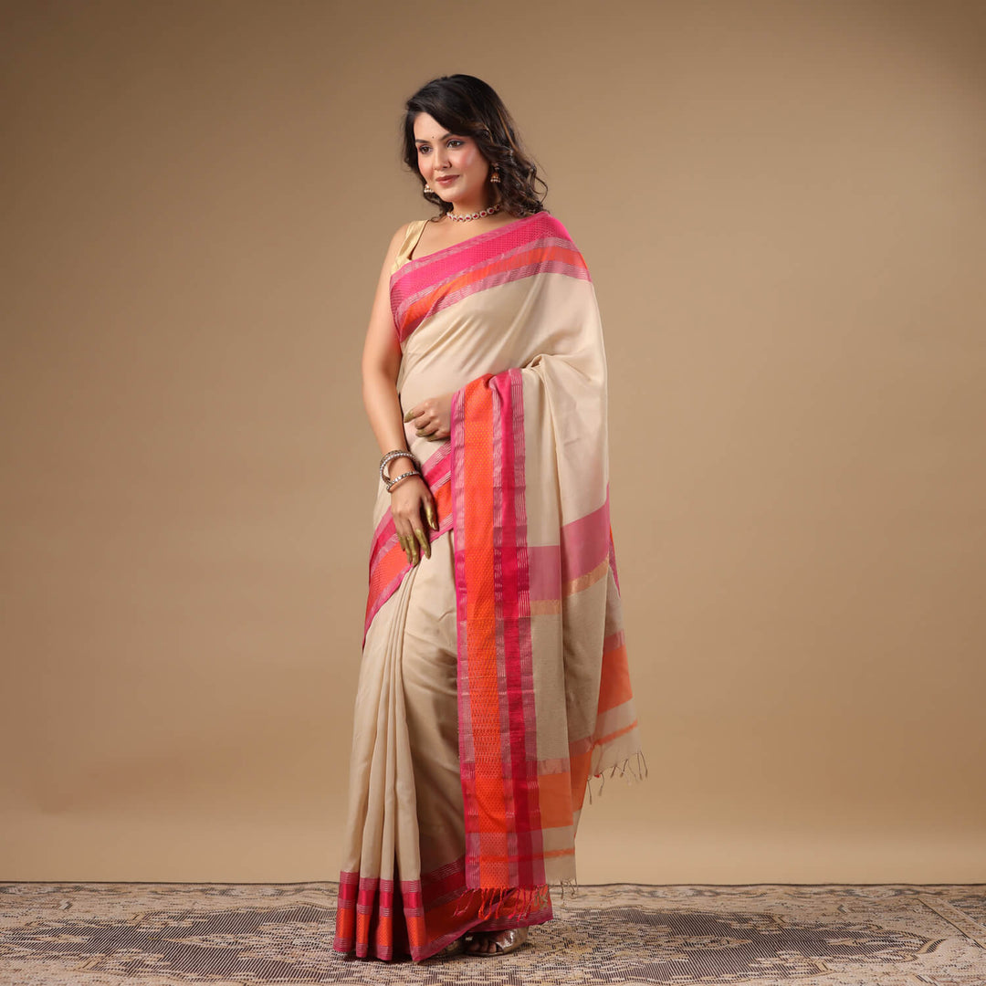 Ahilya - Off White Pure Silk Cotton Maheshwari Saree