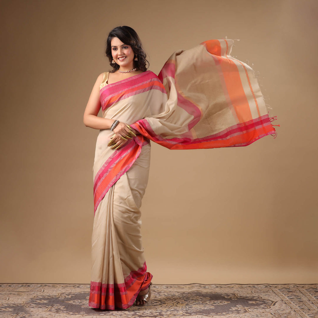 Ahilya - Off White Pure Silk Cotton Maheshwari Saree