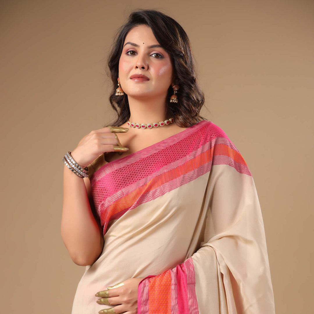 Ahilya - Off White Pure Silk Cotton Maheshwari Saree