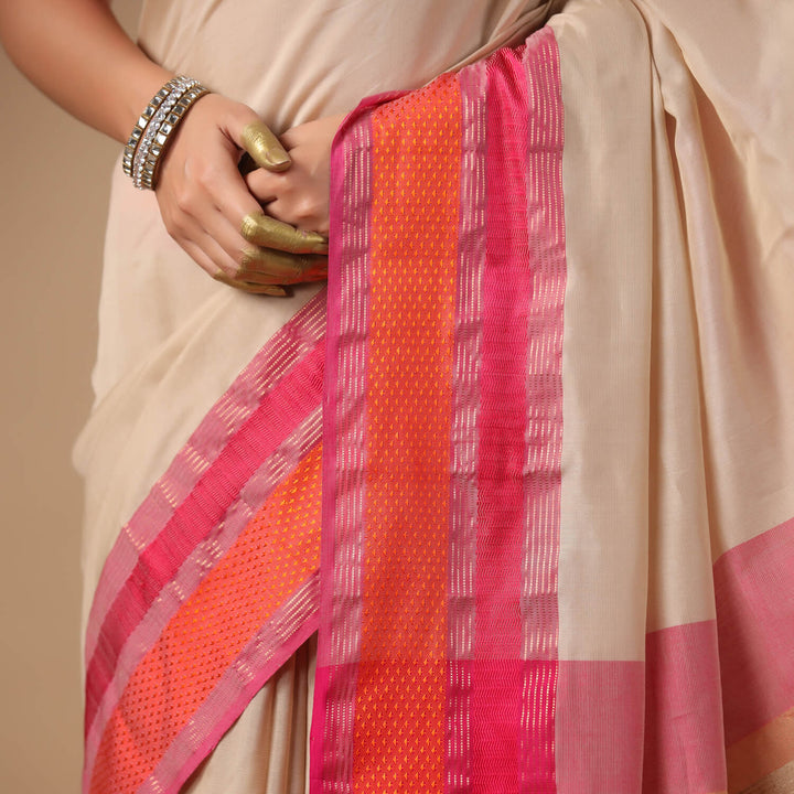 Ahilya - Off White Pure Silk Cotton Maheshwari Saree