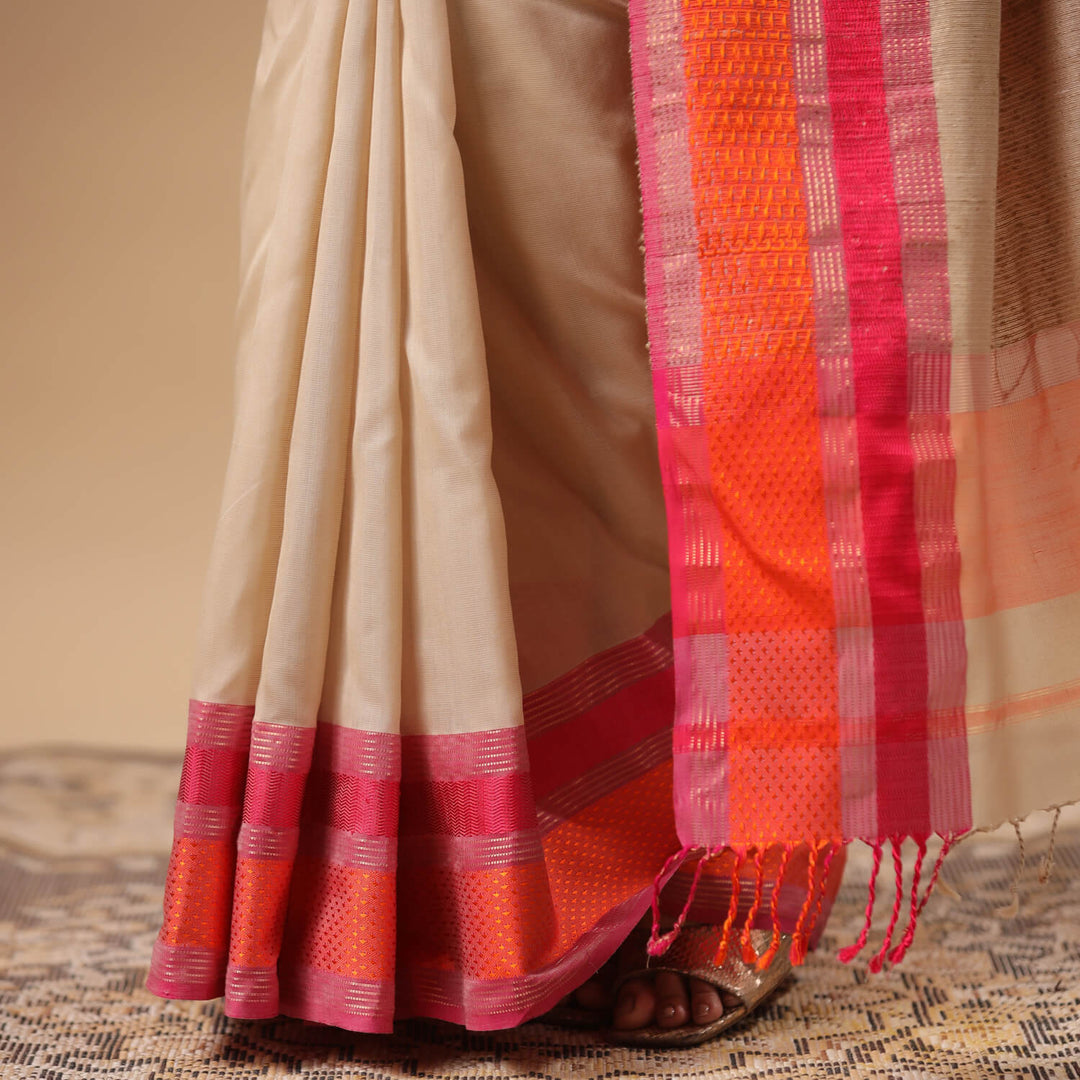 Ahilya - Off White Pure Silk Cotton Maheshwari Saree