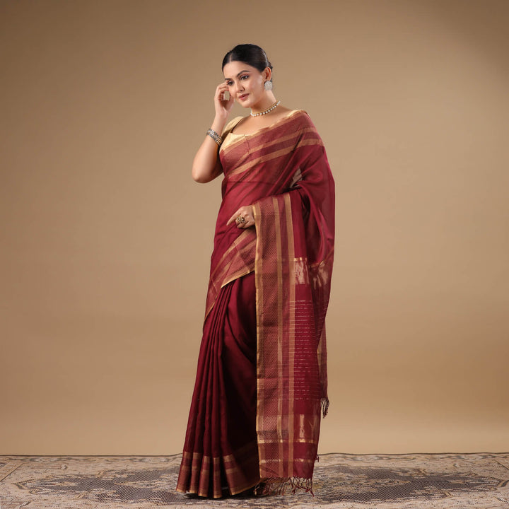 Tara - Wine Pure Silk Cotton Maheshwari Saree