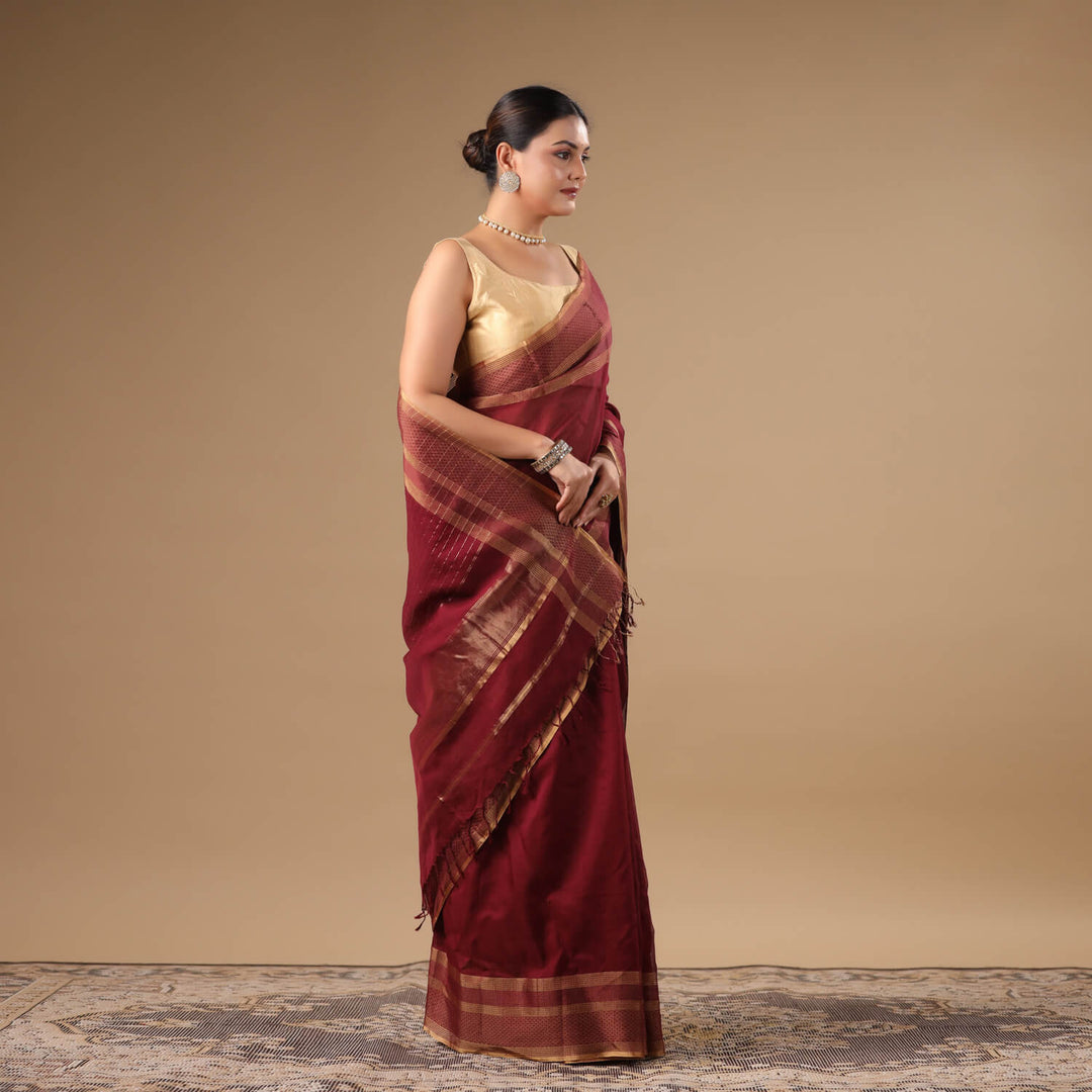 Tara - Wine Pure Silk Cotton Maheshwari Saree