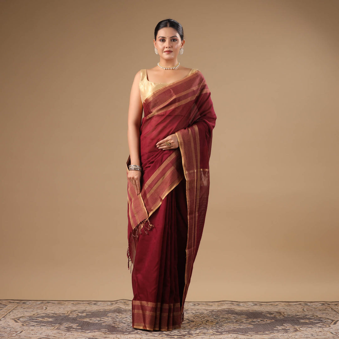 Tara - Wine Pure Silk Cotton Maheshwari Saree