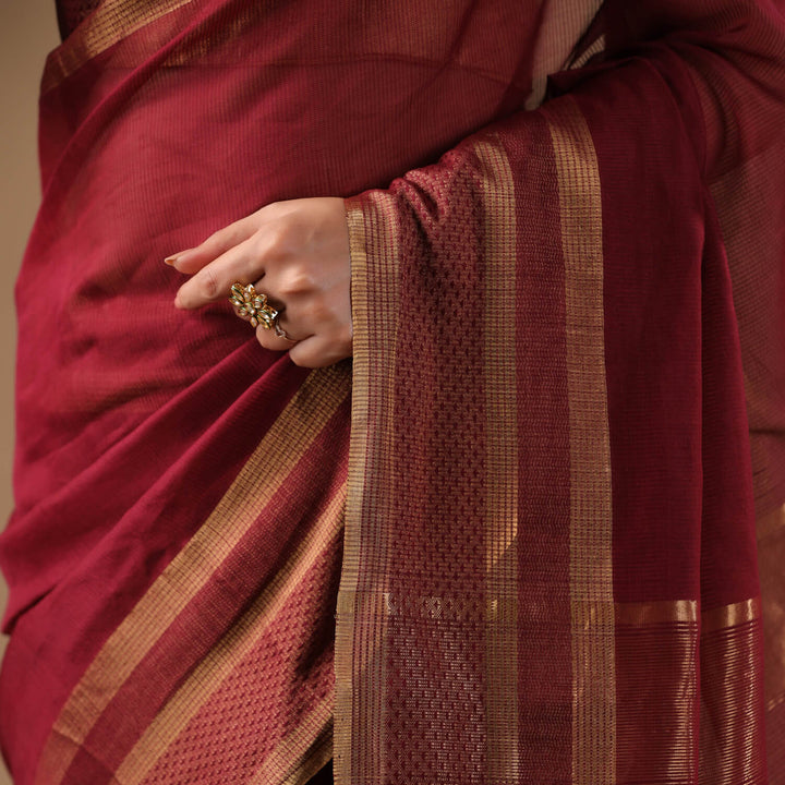 Tara - Wine Pure Silk Cotton Maheshwari Saree