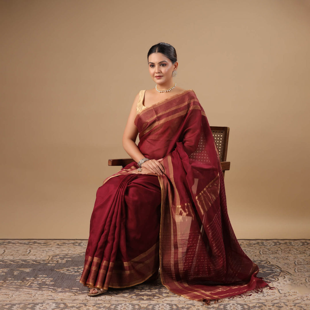 Tara - Wine Pure Silk Cotton Maheshwari Saree