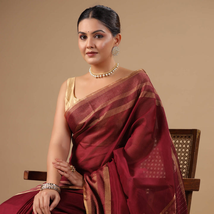 Tara - Wine Pure Silk Cotton Maheshwari Saree