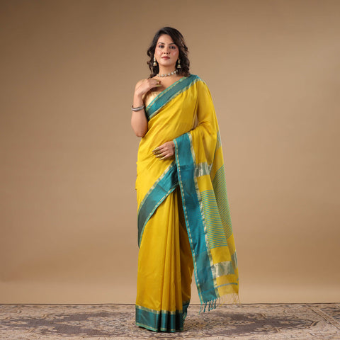 Gayatri - Yellow Pure Silk Cotton Maheshwari Saree