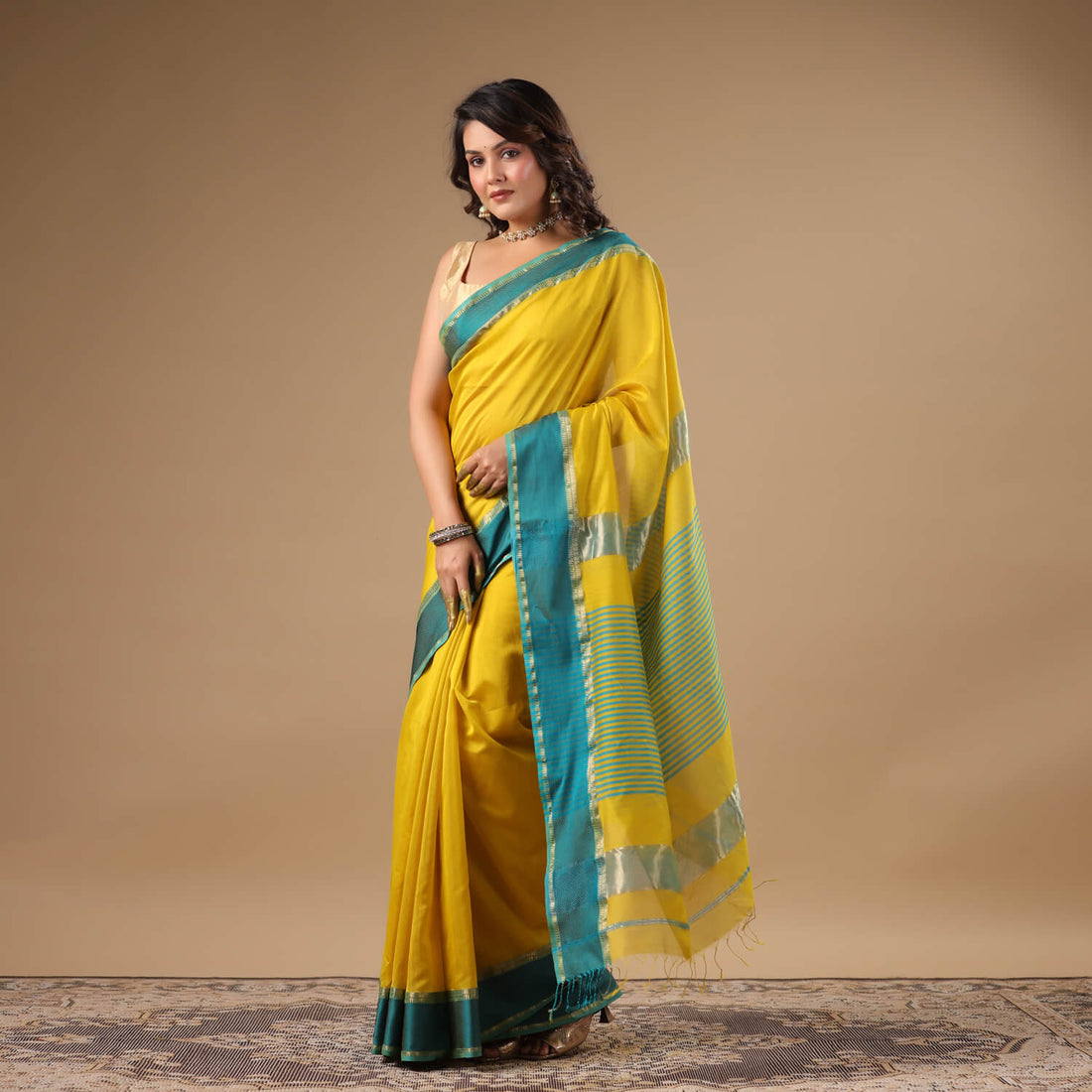 Gayatri - Yellow Pure Silk Cotton Maheshwari Saree