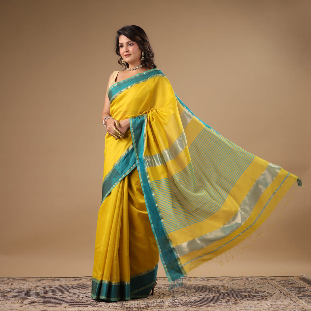 Gayatri - Yellow Pure Silk Cotton Maheshwari Saree