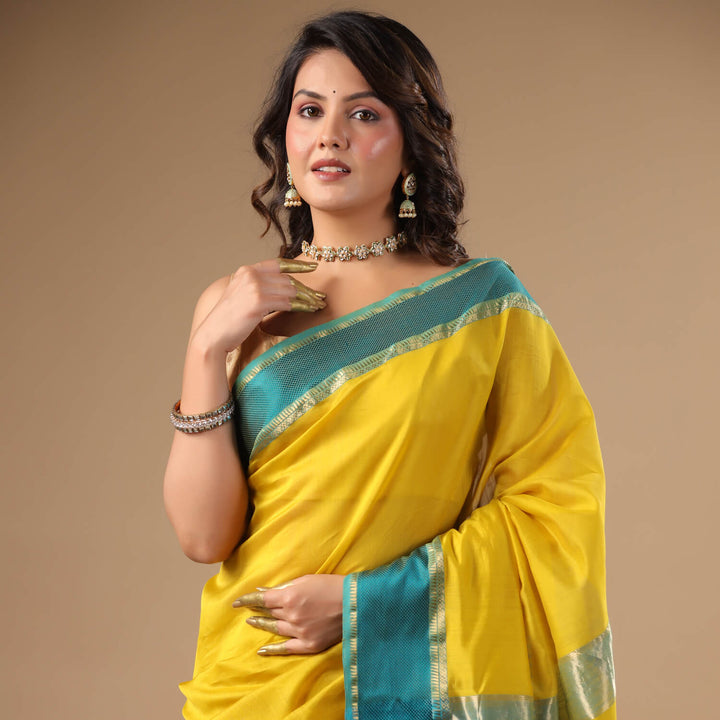 Gayatri - Yellow Pure Silk Cotton Maheshwari Saree