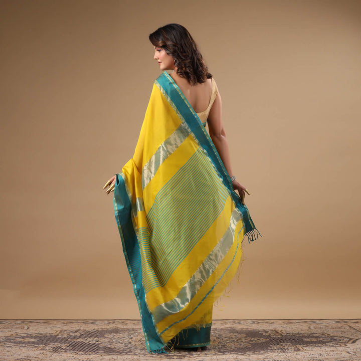 Gayatri - Yellow Pure Silk Cotton Maheshwari Saree