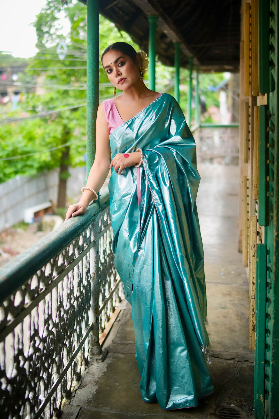 Ujwala - Silver Blue Metallic Tissue Saree