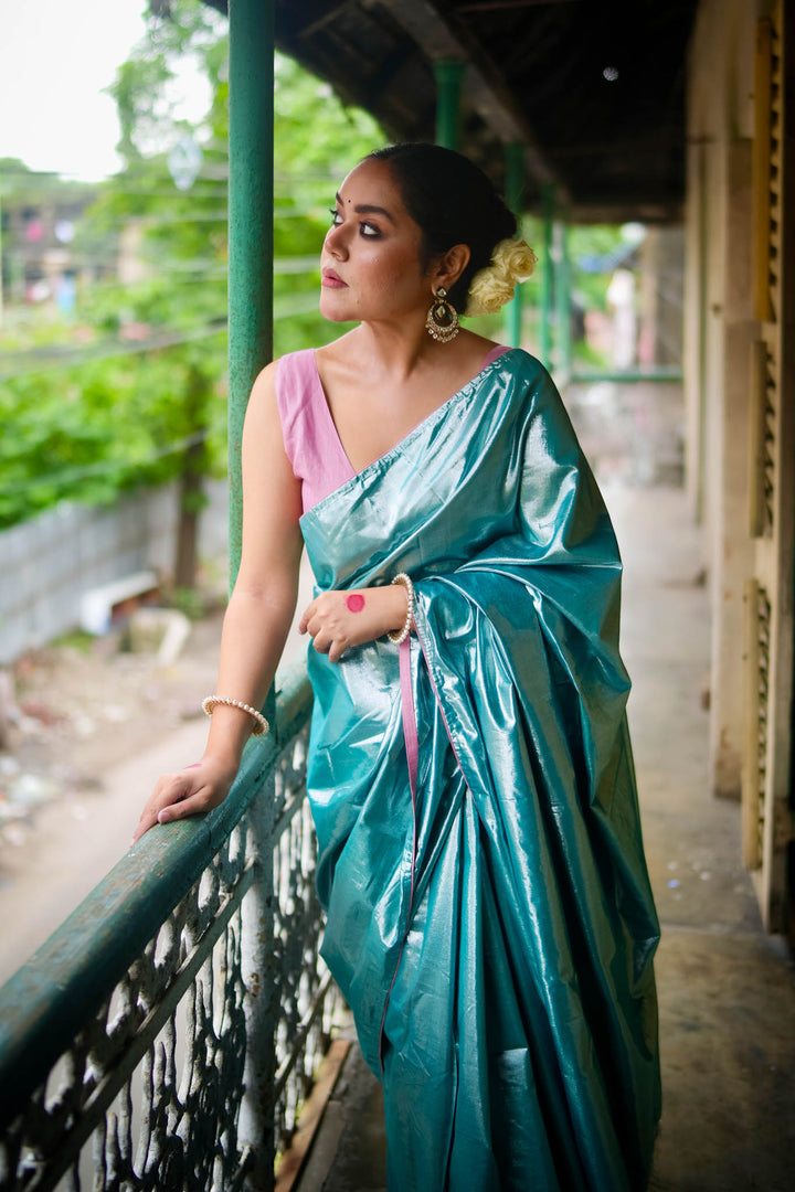 Ujwala - Silver Blue Metallic Tissue Saree