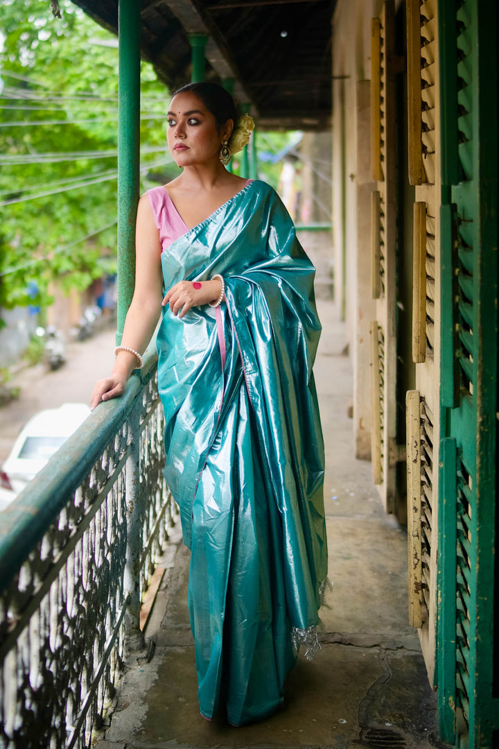 Ujwala - Silver Blue Metallic Tissue Saree