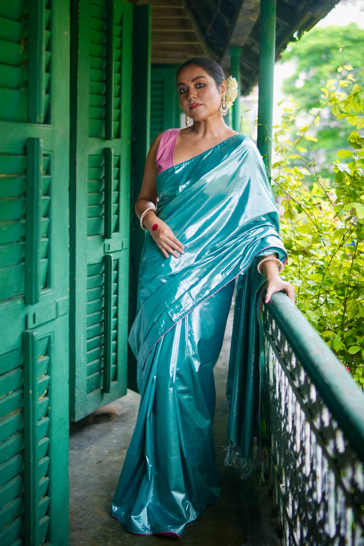 Ujwala - Silver Blue Metallic Tissue Saree