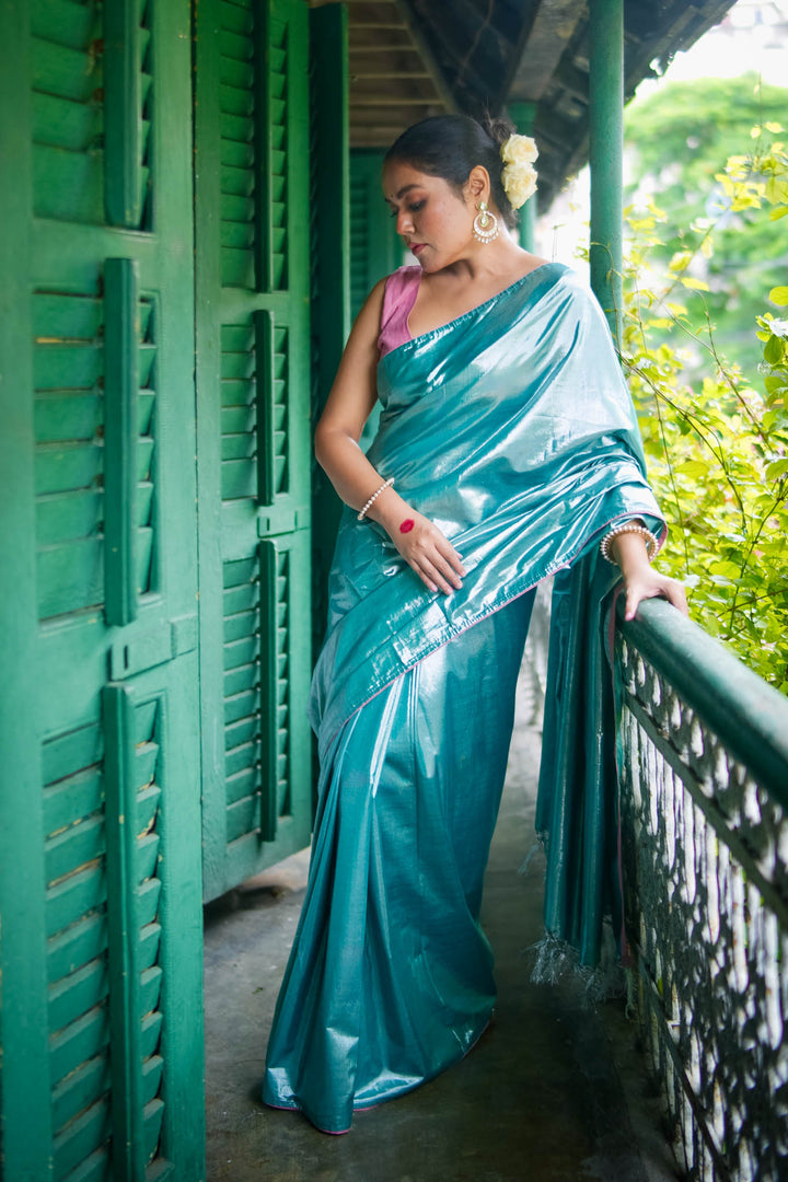 Ujwala - Silver Blue Metallic Tissue Saree