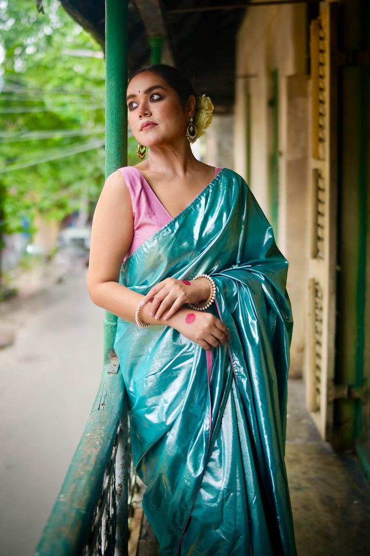 Ujwala - Silver Blue Metallic Tissue Saree