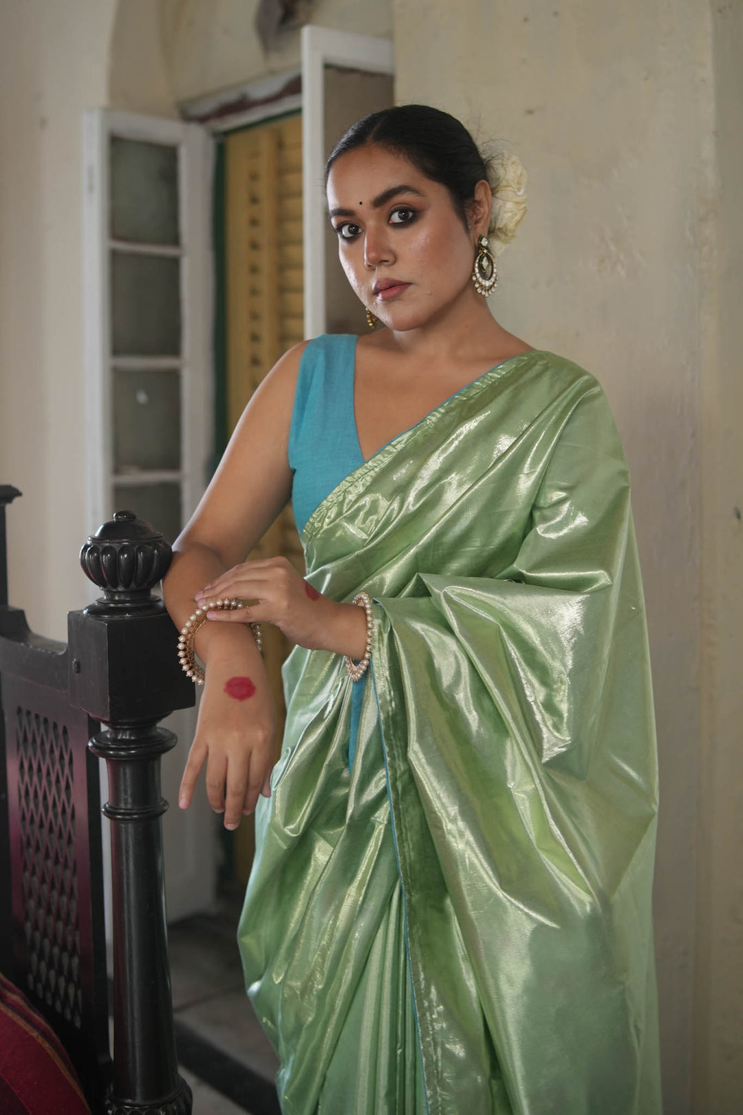 Prabha - Green Metallic Tissue Saree