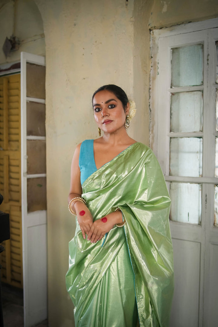 Prabha - Green Metallic Tissue Saree