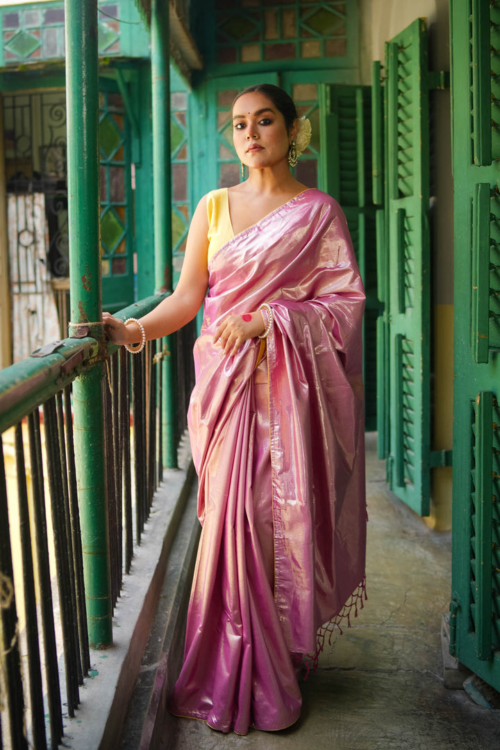 Kiran - Pink Metallic Tissue Saree