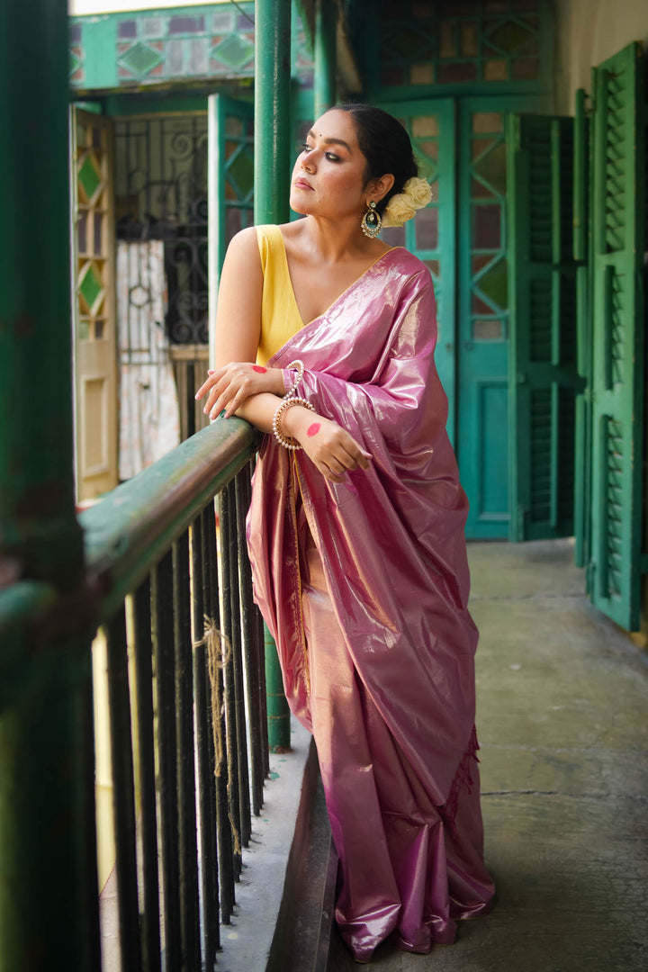 Kiran - Pink Metallic Tissue Saree