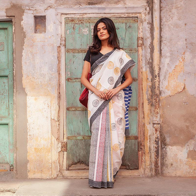 Saira Hand Block Print Mul Mul Cotton Saree