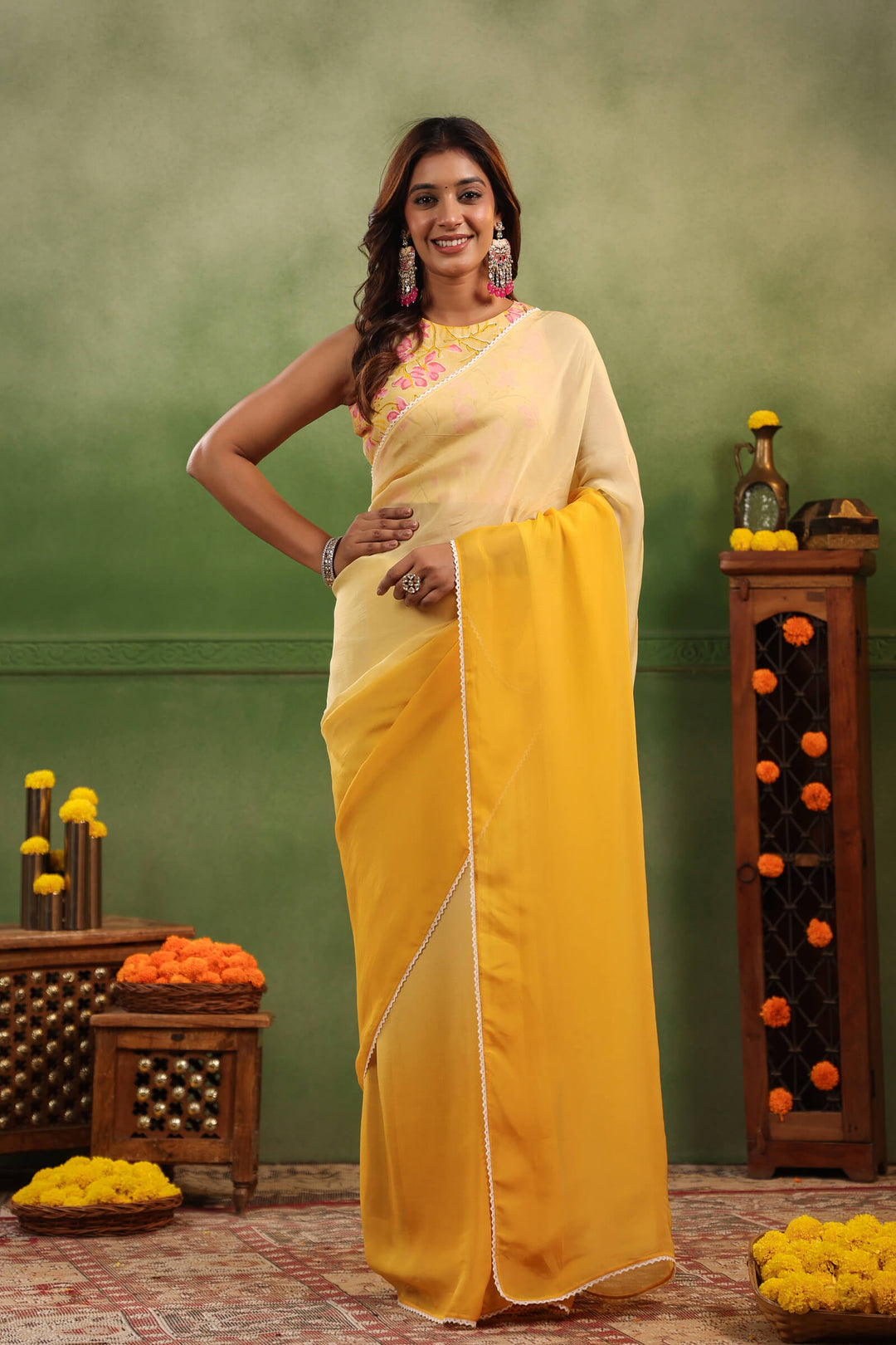 Shades of Yellow Ombre Organza Saree with Printed Blouse Fabric