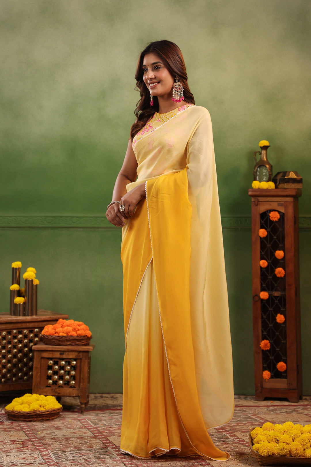 Shades of Yellow Ombre Organza Saree with Printed Blouse Fabric