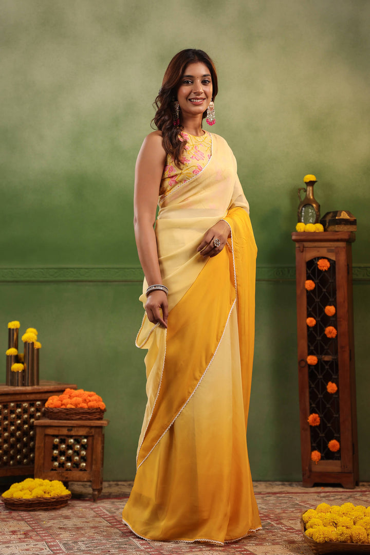 Shades of Yellow Ombre Organza Saree with Printed Blouse Fabric