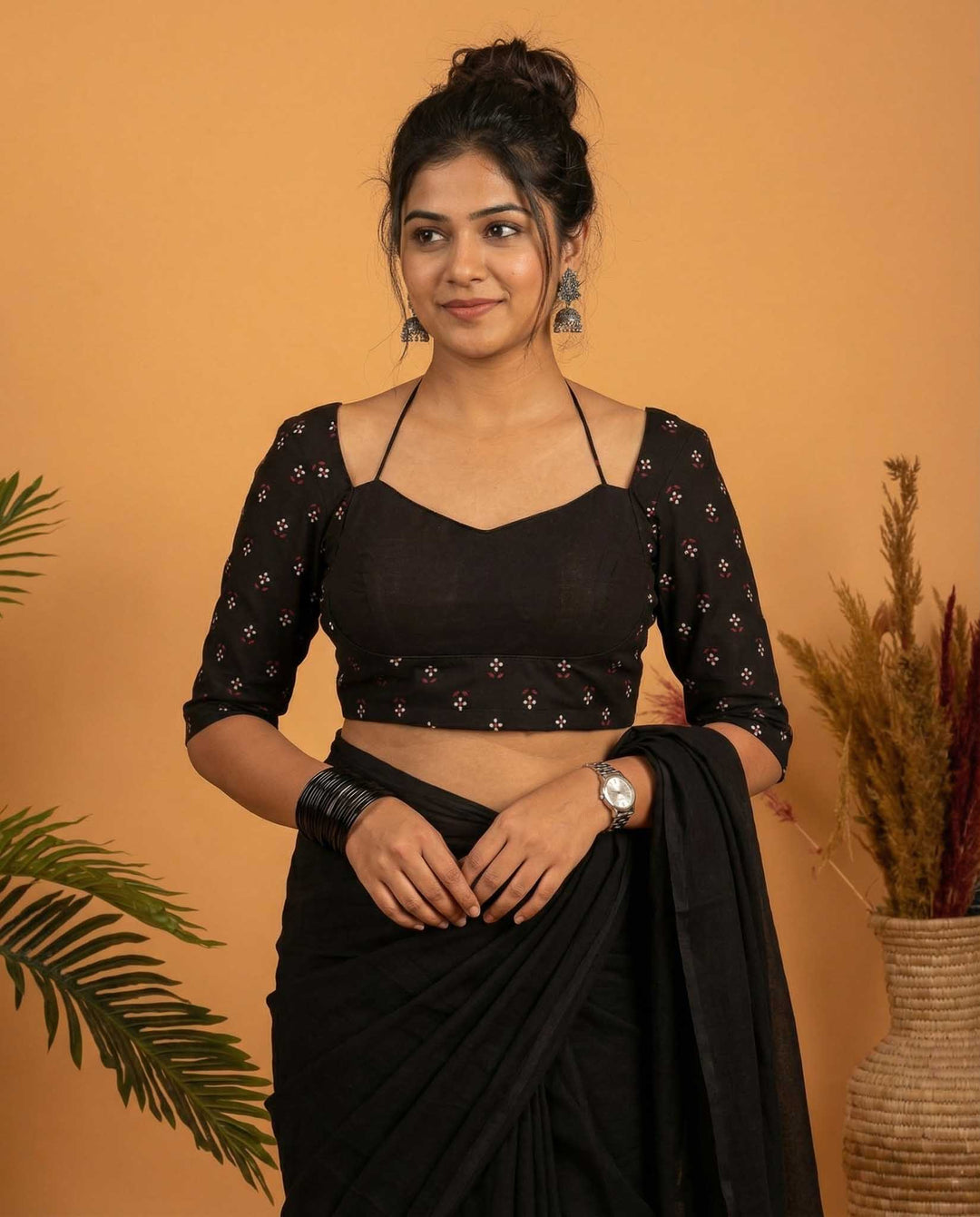 Soft Charm Black Cotton Padded Halter Neck Blouse