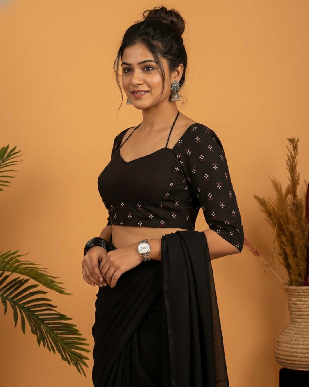 Soft Charm Black Cotton Padded Halter Neck Blouse