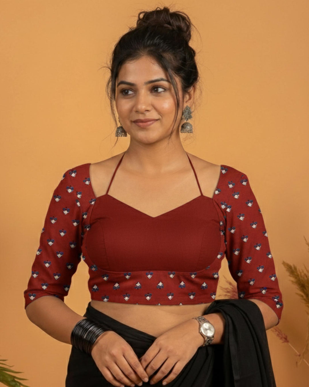 Soft Charm Black Cotton Padded Halter Neck Blouse