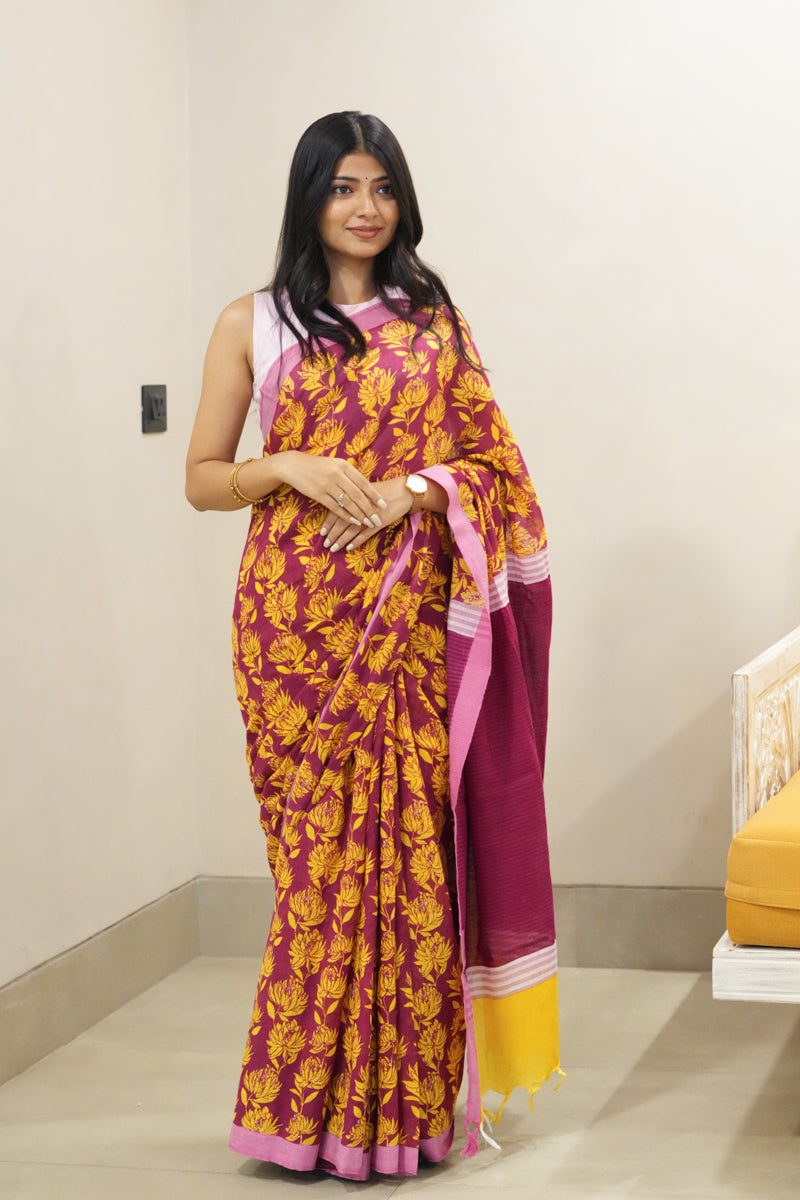 Songs from the Soil Handwoven Mulmul Cotton Printed Saree