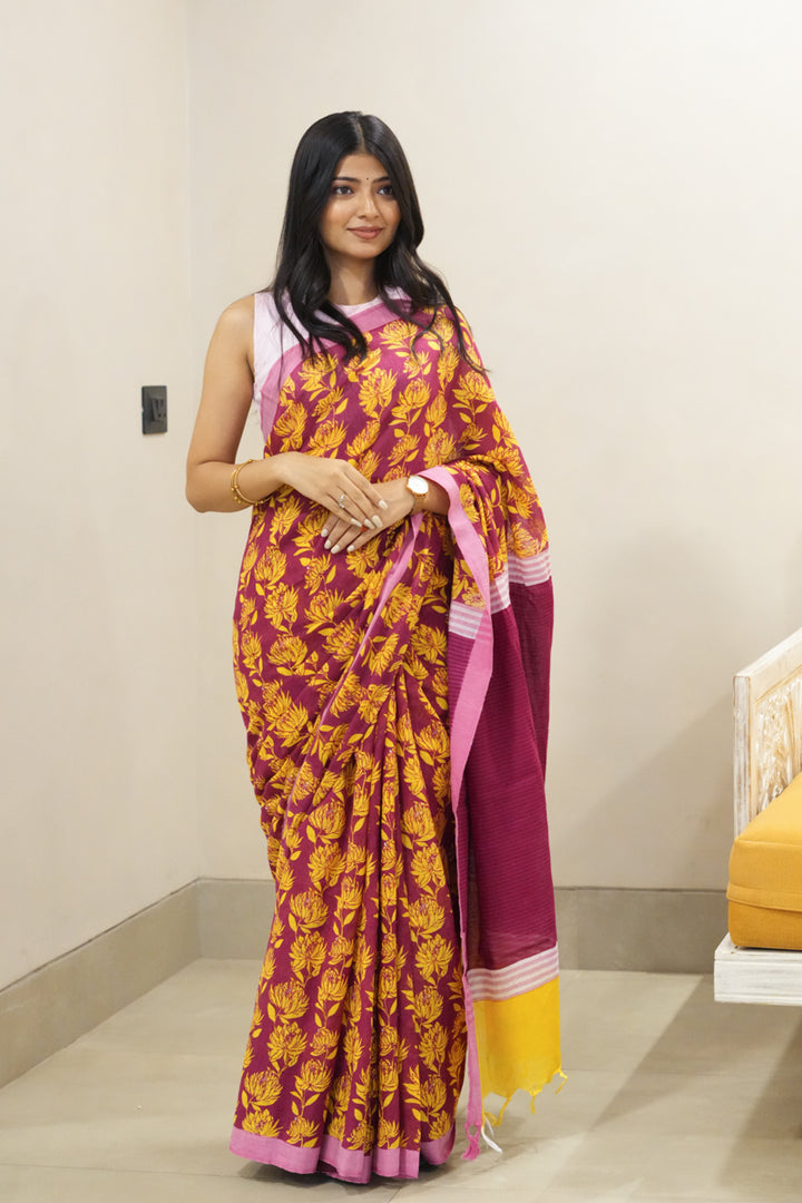 Songs from the Soil Handwoven Mulmul Cotton Printed Saree