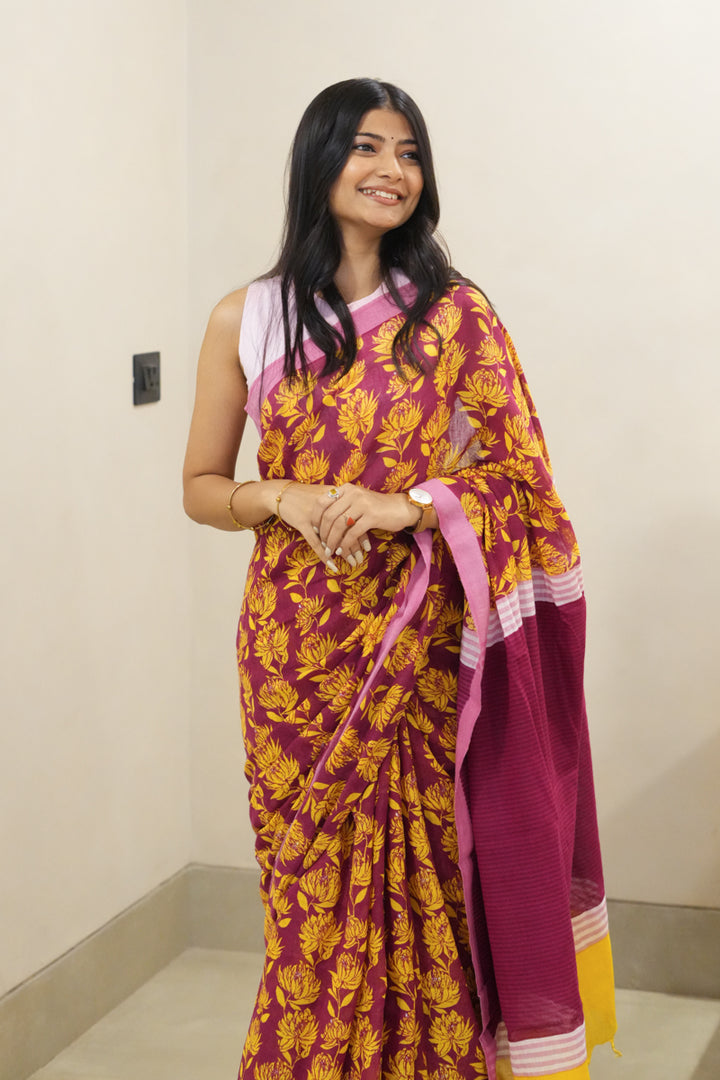 Songs from the Soil Handwoven Mulmul Cotton Printed Saree