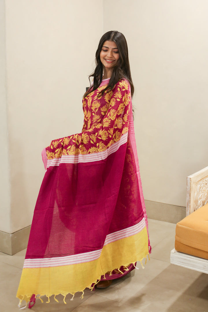 Songs from the Soil Handwoven Mulmul Cotton Printed Saree