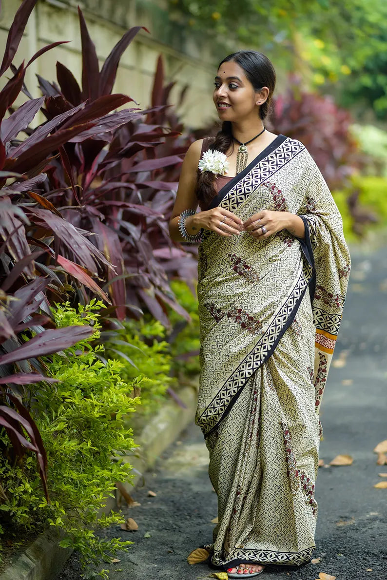 Songs of Eternity - Hand Block Print Mulmul Cotton Bagru Saree