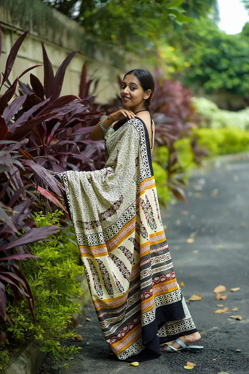 Songs of Eternity - Hand Block Print Mulmul Cotton Bagru Saree