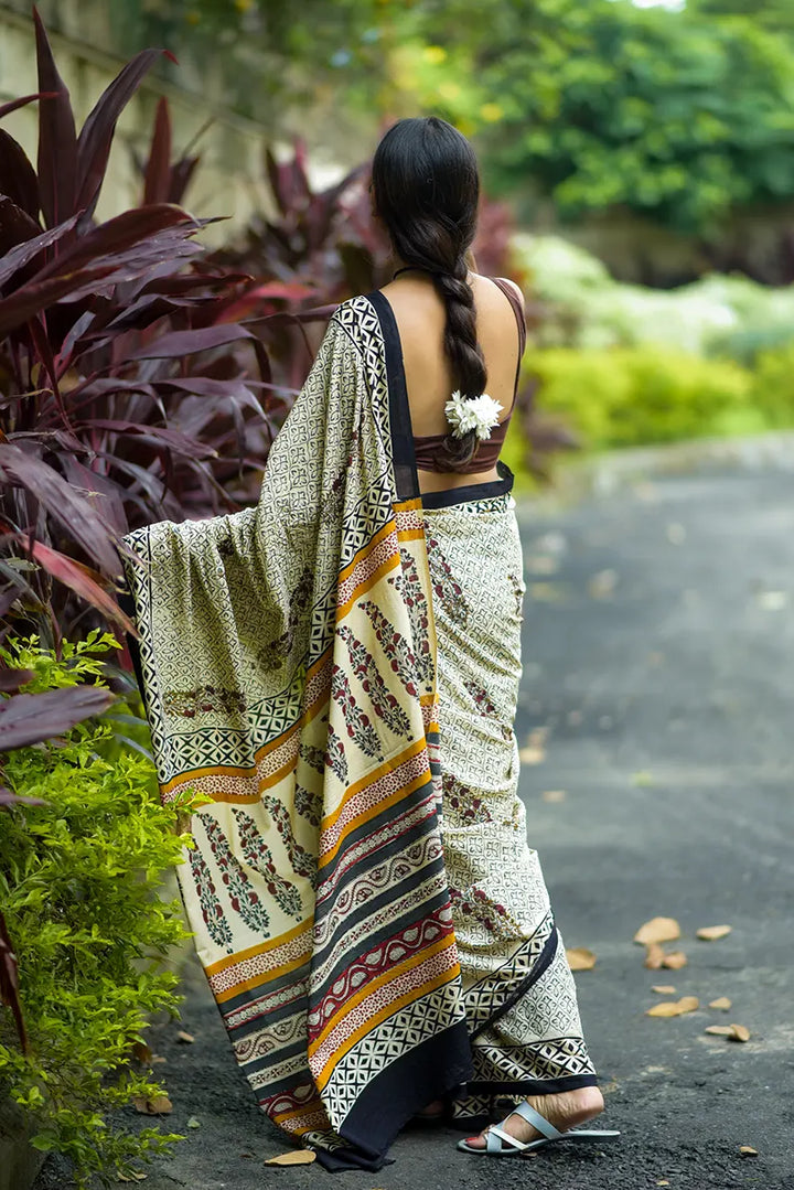 Songs of Eternity - Hand Block Print Mulmul Cotton Bagru Saree