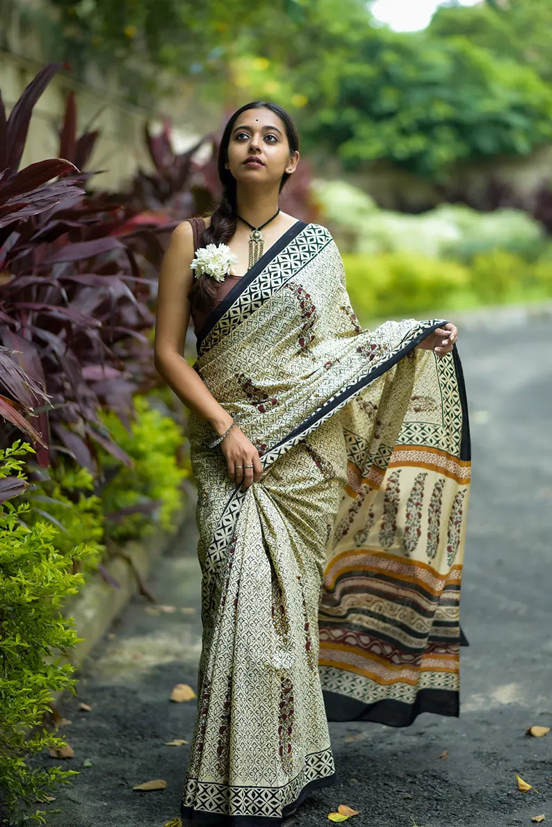 Songs of Eternity - Hand Block Print Mulmul Cotton Bagru Saree