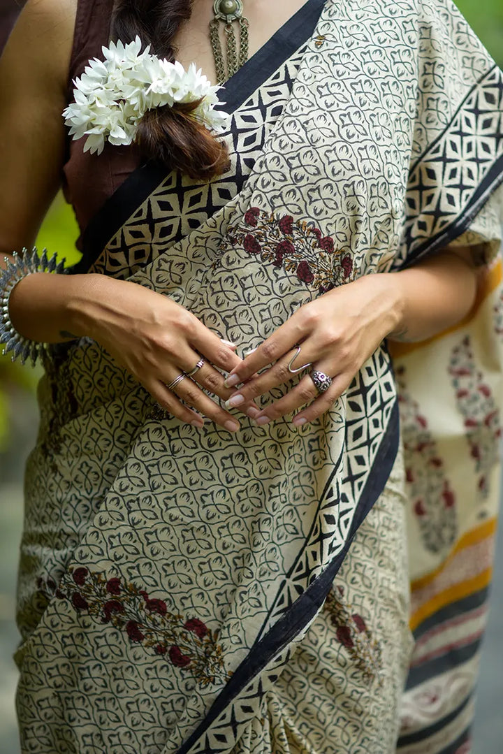 Songs of Eternity - Hand Block Print Mulmul Cotton Bagru Saree