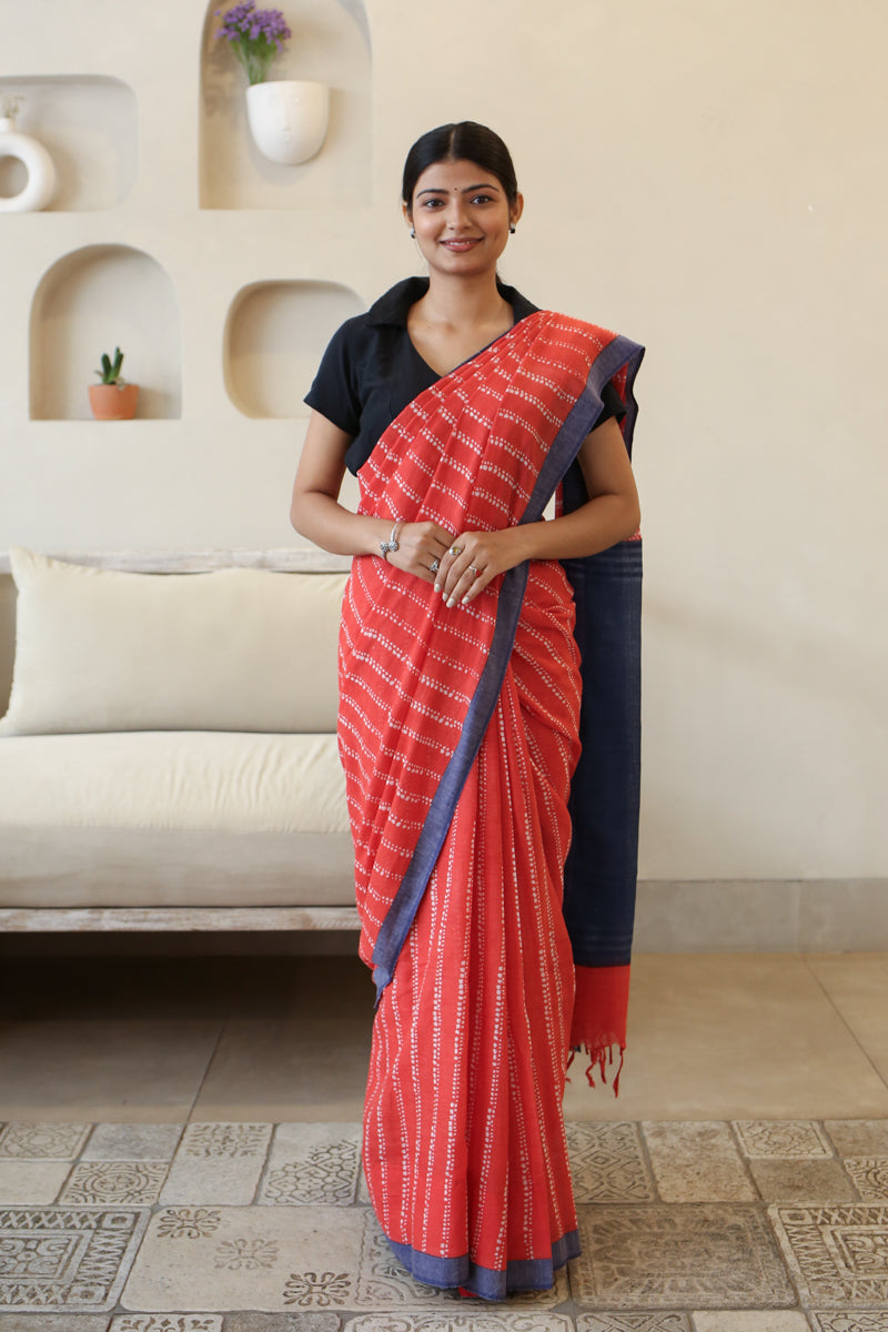 Stripe & Bloom Handwoven Mulmul Cotton Printed Saree